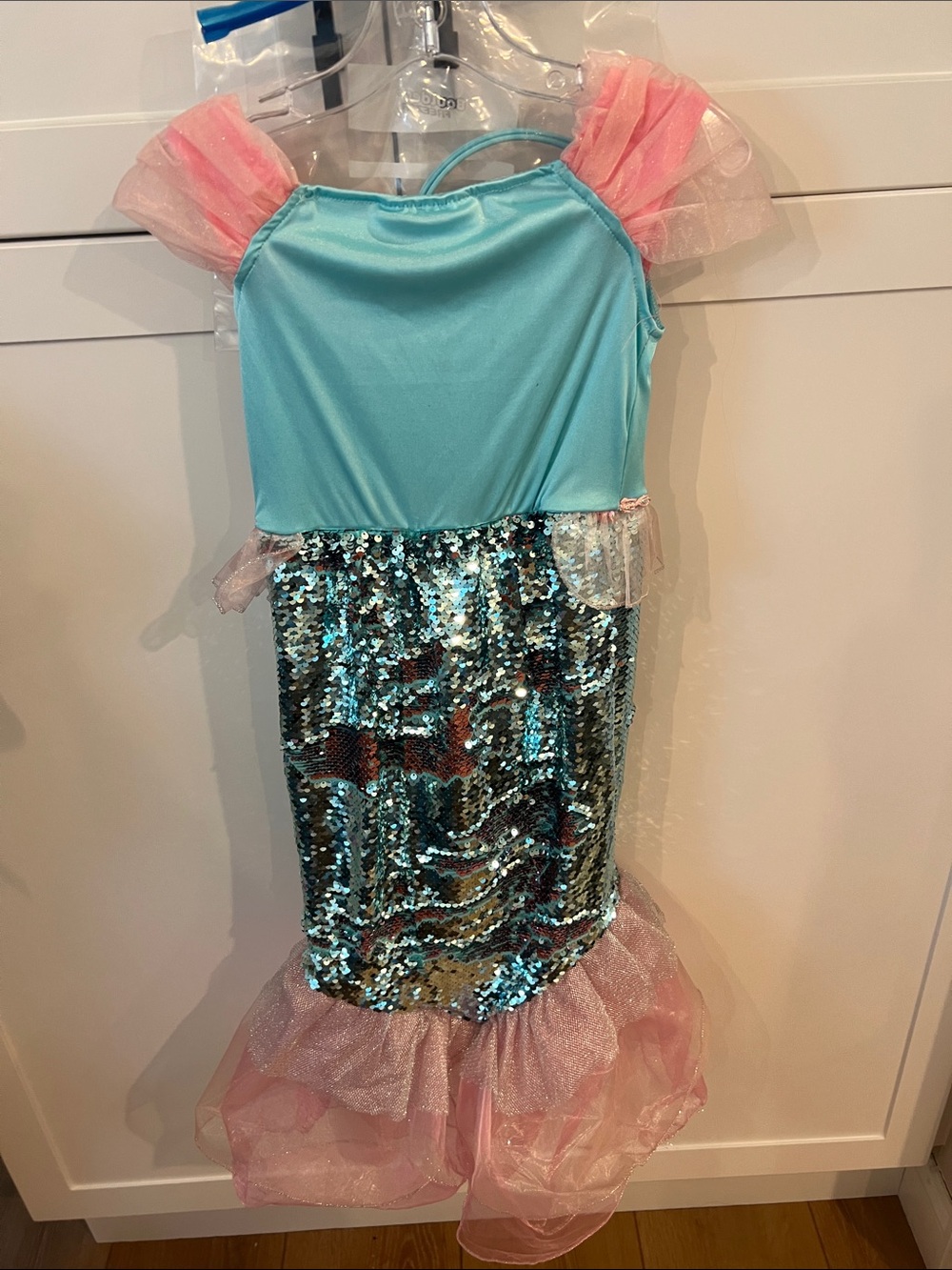 Girls Mermaid Costume Dress with Pink Shell Bodice and Aqua Sequin Tail - Picture 2 of 3
